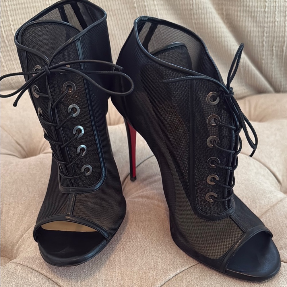 Christian Louboutin Black Lace-Up Peep Toe Mesh Booties